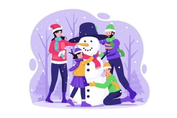 Family Build a Snowman Illustration Graphics and Illustrations