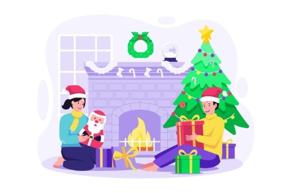 Kids Open Christmas Gifts Illustration: Graphics and Illustrations for Seasonal Design