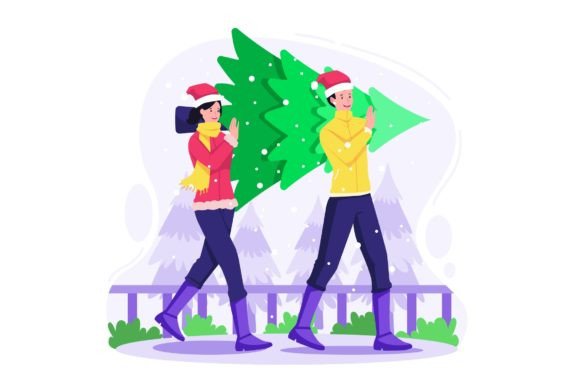 People Carry Christmas Tree Illustration: Graphics and Illustrations for Seasonal Content