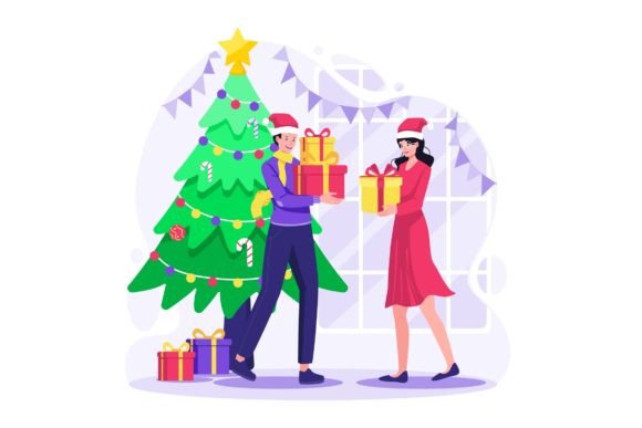 People Share Christmas Gift Illustration Graphics and Illustrations