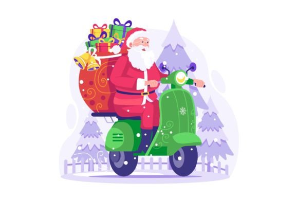 Santa Rides Scooter Deliver Illustration Graphics