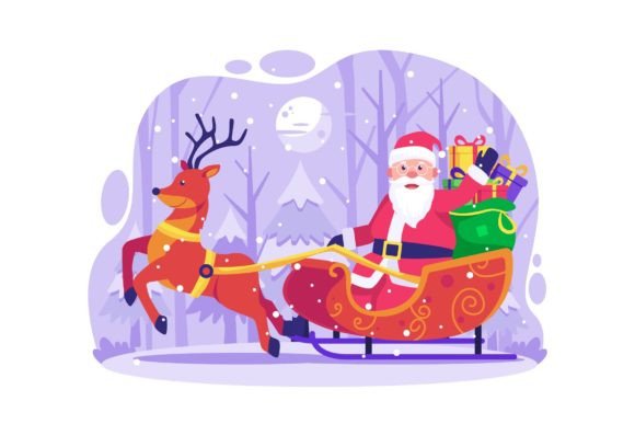 Santa Rides Sleigh Reindeer Illustration Graphics and Illustrations Review